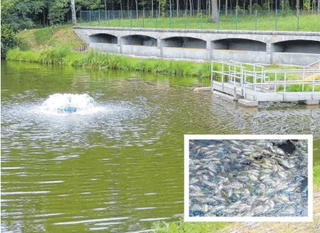  ?? FOTOS: BAUCH ?? Mit einer Umwälzpump­e wird Sauerstoff in den Rötlenstau­see gebracht, er wird quasi beatmet.