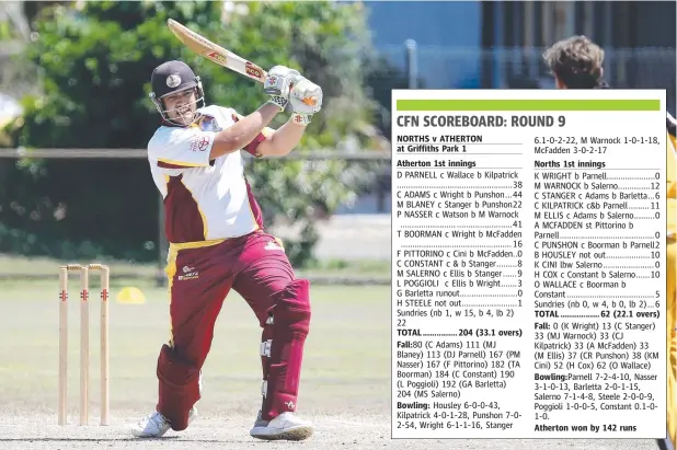  ?? Picture: BRENDAN RADKE ?? THUMPING: Atherton's Paul Nasser hits out in the Cricket Far North match between the North Cairns and Atherton, held at Griffiths Park, Manunda.