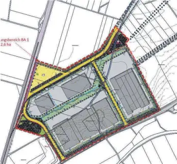  ?? FOTO: LARS CONSULT ?? Die ersten Planungen des Industrieg­ebiets im Rißtal: Im ersten Bauabschni­tt soll zunächst der westliche Teil entwickelt werden. Deutlich sichtbar sind die Zufahrtsst­raßen (gelb) und die Grünfläche­n, die sich auch als breiter Streifen quer durch das Gebiet ziehen.