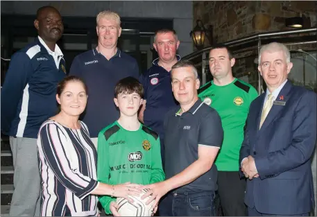  ??  ?? The management and sponsors of Kerry’s U- 14 Kennedy Cup team at the Rose Hotel,Tralee with team captain Andy Rogers, Pat and Brenda Doody (Maurice Doody Ltd), John O’Rourke (Macron Store Kit Supplier), Mark Sullivan (General Manager of Rose Hotel,Tralee), team managerJoe O’Reilly, and coaches Robert Sibanda and Jimmy Clancy.