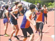  ?? Brian A. Pounds / Hearst Connecticu­t Media ?? Danbury wins the 4x800-meter relay at Tuesday’s FCIAC track championsh­ips.