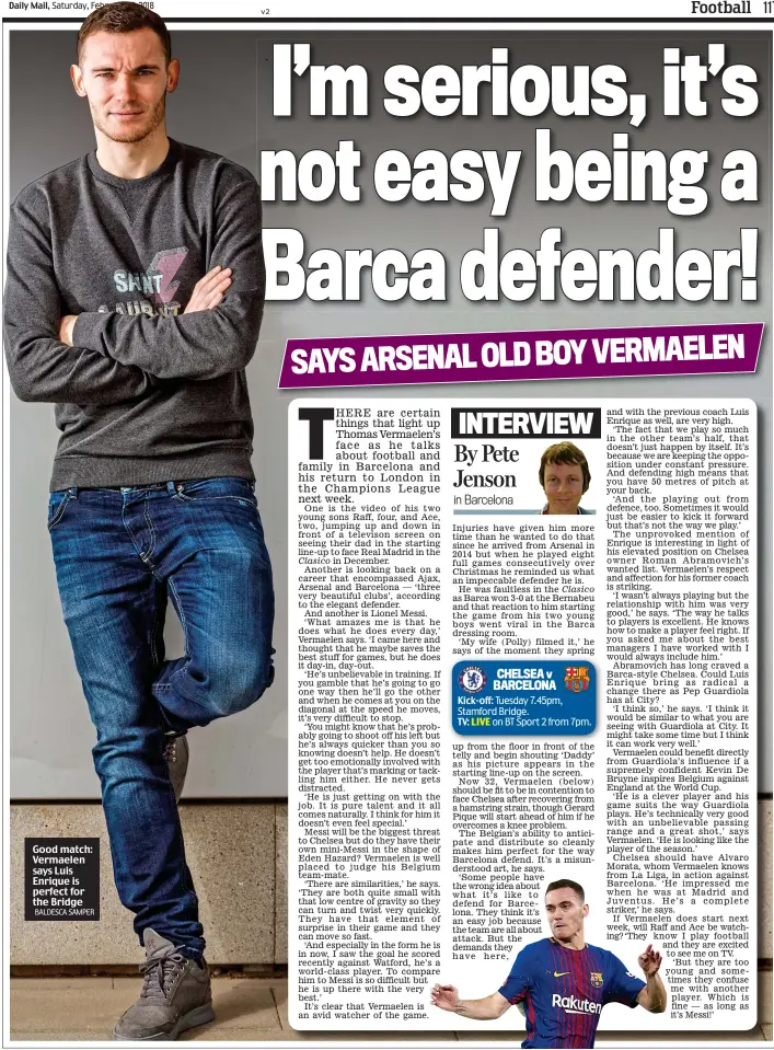  ?? BALDESCA SAMPER ?? Good match: Vermaelen says Luis Enrique is perfect for the Bridge