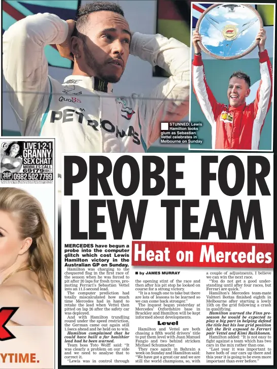  ??  ?? STUNNED: Lewis Hamilton looks glum as Sebastian Vettel celebrates in Melbourne on Sunday