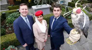  ??  ?? Enda Corneille, Ireland country manager with Emirates, Nisha Leelakrish­nan, Emirates cabin crew, and Ahmad Younis, Arab-Irish Chamber of Commerce at the launch of the Arab-Irish Forum