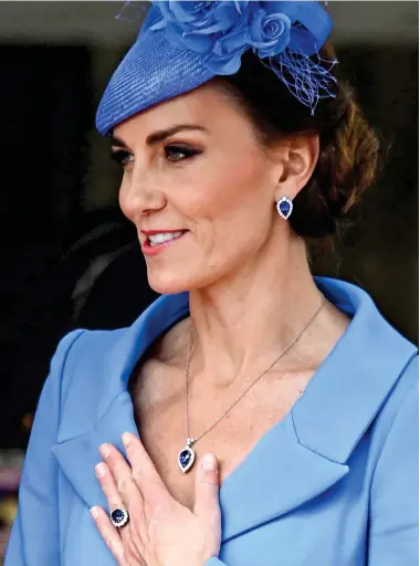  ?? ?? Heavens, that’s elegant: In sky blue coat dress, the Duchess of Cambridge at the Order of the Garter service yesterday