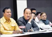  ?? PTI ?? Senior Congress leader Ghulam Nabi Azad with DMK'S TR Baalu, RLD'S Ajit Singh and senior leader Sharad Yadav during a press conference after a meeting of some like-minded opposition parties, in New Delhi, Monday