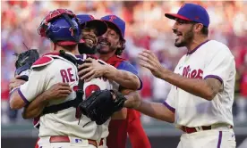  ?? Photograph: Matt Slocum/AP ?? The Phillies celebrate their win over the Braves after Game 4 of the NLDS on Saturday in Philadelph­ia.