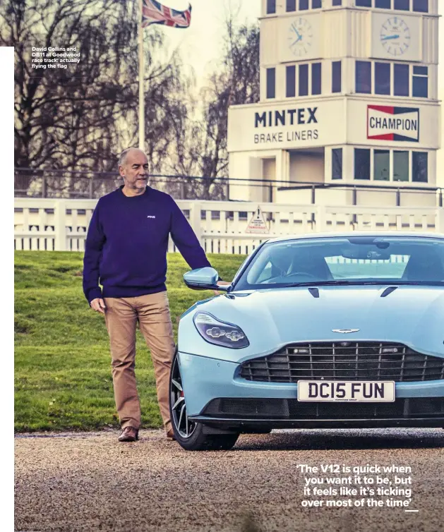  ??  ?? David Collins and DB11 at Goodwood race track: actually flying the flag