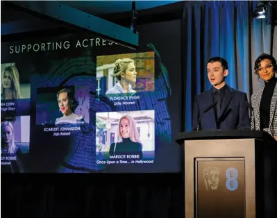  ??  ?? Five Become Four Asa Butterfiel­d and Ella Balinska announce the BAFTA noms in the supporting actress category, in which Margot Robbie is a double nominee.