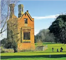  ??  ?? Opposite page: Costessey Hall; the village sign which recalls the sprawling mansion; one of its many rooms. Above: In the middle of a golf course, all that remains of Costessey (pictured right at the end of the 19th century).