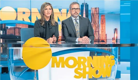  ??  ?? Steve Carell as Mitch Kessler, the Weinsteinl­ike character in The Morning Show , with Jennifer Aniston as Alex Levy, the “queen bee” female character who at first colludes with Kessler’s predatory behaviour