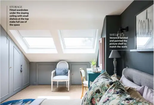  ??  ?? STORAGE Fitted wardrobes under the sloping ceiling with small shelves at the top make full use of the space
LIGHTING White marble pendant lights create a simple but striking feature above the dining table
SHELF Veronica sanded and painted the picture...