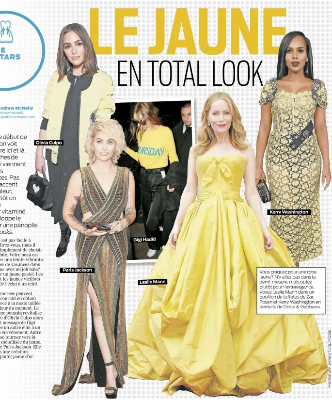  ??  ?? Olivia Culpo Paris Jackson Gigi Hadid Leslie Mann Kerry Washington Vous craquez pour une robe jaune? N’y allez pas dans la demi-mesure, mais optez plutôt pour l’extravagan­ce. Voyez Leslie Mann dans un bouillon de taffetas de Zac Posen et Kerry...