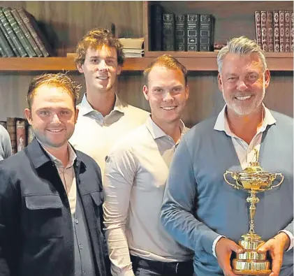  ??  ?? Above: Darren Clarke poses with, from left, Andy Sullivan, Thomas Pieters, Danny Willett, Lee Westwood, Chris Wood and Martin Kaymer. Below: USA’s Zach Johnson, left, Jordan Speith, centre, and Ricky Fowler during a practise session at Hazeltine...