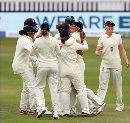  ?? Picture: Ashley Allen ?? England players celebrate the dismissal of India’s Shafali Verma at the Bristol County Ground