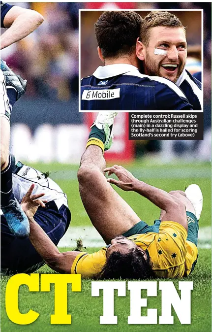  ??  ?? Complete control: Russell skips through Australian challenges (main) in a dazzling display and the fly-half is hailed for scoring Scotland’s second try (above)