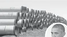  ?? SUE OGROCKI, AP ?? Miles of pipe for the stalled Keystone XL pipeline are stacked in a field near Ripley, Okla., on Feb. 1, 2012. The Obama administra­tion put the project under review for an indefinite period.