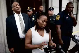  ?? —AP ?? Bill Cosby listens to his wife Camille’s statement being read aloud by Ebonee M. Benson outside the courthouse on Saturday.