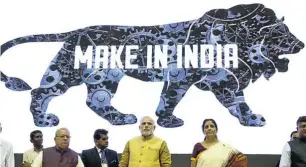  ?? Picture: Getty Images ?? Prime Minister of India Narendra
Modi flanked by Union ministers Ravi Shankar Prasad, Nirmala Sitharaman, Kalraj Mishra and Anant Gete at the launch of Make in India campaign at Vigyan Bhavan in New Delhi, India.