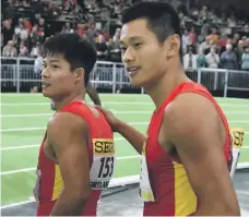  ??  ?? Su Bingtian, left, and Xie Zhenye have both broken the Chinese men’s 100 metre record this year, with Su currently fastest