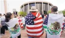  ?? ASSOCIATED PRESS ?? Protesters in San Antonio, Texas, in late June rally against a bill that would force law enforcemen­t officials to honor immigratio­n detention requests.