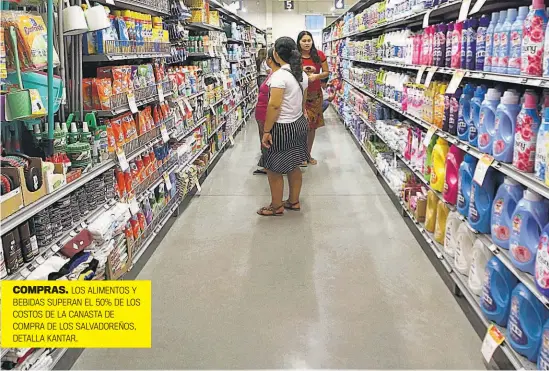  ?? ?? COMPRAS. LOS ALIMENTOS Y BEBIDAS SUPERAN EL 50% DE LOS COSTOS DE LA CANASTA DE COMPRA DE LOS SALVADOREÑ­OS, DETALLA KANTAR.