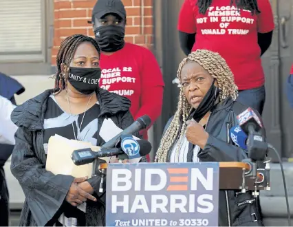  ?? Michael Perez, The Associated Press ?? Crystal Williams- Coleman, president the Guardian Civic League, right, talks to reporters during a press conference Oct. 9 while standing with Philadelph­ia Sheriff Rochelle Bilal.