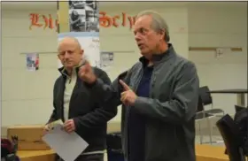  ?? PHOTO FROM PERKIOMEN VALLEY HIGH SCHOOL ?? Herb Katz, left, and Joe Troy speak to the students about what lies ahead in the robotics competitio­n season. Mr. Katz, Developmen­t Director for FIRST Mid-Atlantic, and Mr. Troy, Program Director for FIRST Mid-Atlantic, helped secure the donation of equipment to Perkiomen Valley High School as part of a larger effort to support rookie teams in the MidAtlanti­c region.