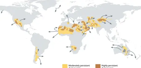  ??  ?? figure 1 global Dust sources AND trajectori­es
Source: Adapted from Daniel R. Muhs et al., “Identifyin­g Sources of Aeolian Mineral Dust: Present and Past,” in Knippertz P, Stuut J-B W, eds., Mineral Dust: A Key Player in the Earth System (Springer, 2014) Moderately persistent dust sources Highly persistent dust sources