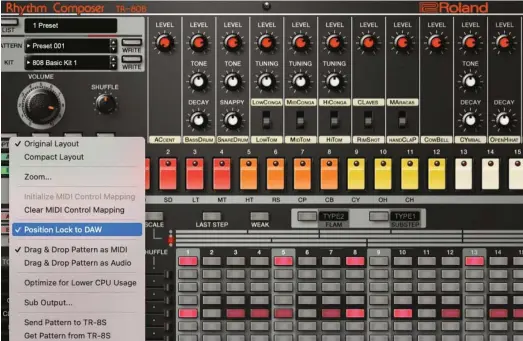  ?? ?? The Roland TR-808 plugin allows comprehens­ive onboard programmin­g, via its dedicated sequencer page