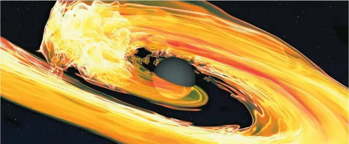  ??  ?? Reconstruc­ción del Instituto Max Planck sobre el «encuentro» entre un agujero negro y una estrella de neutrones