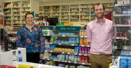  ??  ?? Niamh Quigley, supervisin­g pharmacist, and Matt Kavanagh, pharmacist, at McCauley’s Pharmacy on South Street in New Ross.