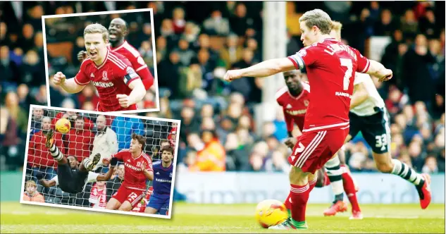  ?? PICTURES: Action Images ?? SPOT ON: Middlesbro­ugh’s Grant Leadbitter scores a penalty. Inset, he celebrates and Fulham forward Moussa Dembele attempts an overhead kick