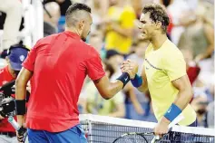  ?? — AFP photo ?? Nick Kyrgios of Australia is congratula­ted by Rafael Nadal of Spain after their match during day 7 of the Western & Southern Open at the Lindner Family Tennis Center on August 18, 2017 in Mason, Ohio.