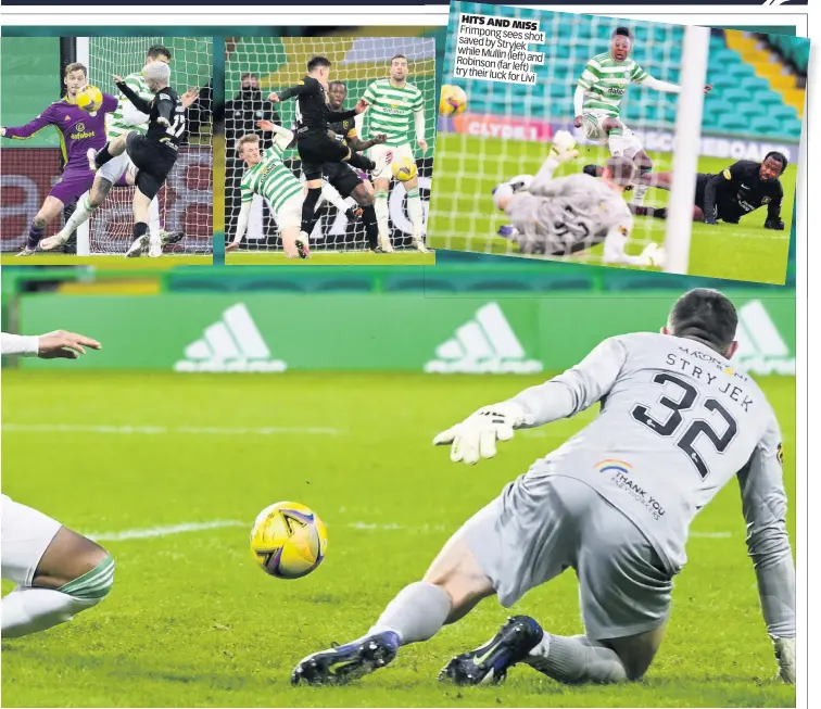  ??  ?? HITS AND
MISS Frimpong sees saved shot by Stryjek while Mullin
(left) and Robinson (far try left) their luck for
Livi