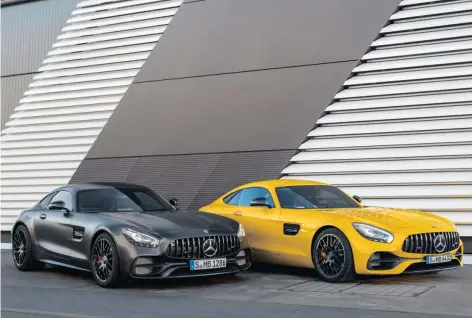  ??  ?? Mercedes-AMG GT C (left) and GT S (right) have respective outputs of 410kW and 384kW.