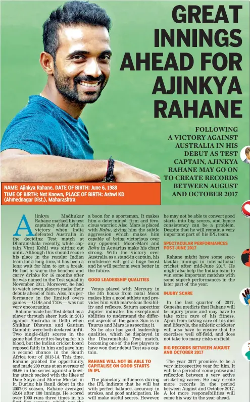  ??  ?? STARS CONFER A BOON ON RAHANE
The Moon is placed with Mars in Ajinkya Rahane’s chart, which is
GOOD LEADERSHIP QUALITIES
Venus placed with Mercury in the 5th house from natal Moon makes him a good athlete and provides him with marvelous flexibilit­y...