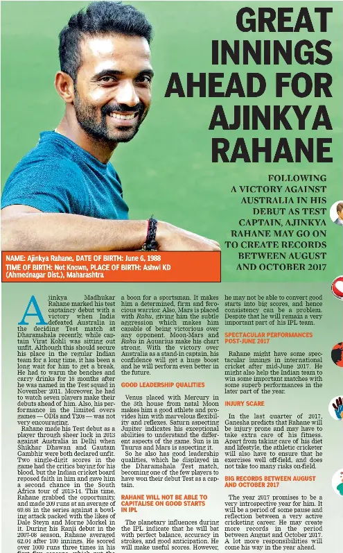  ??  ?? STARS CONFER A BOON ON RAHANE
The Moon is placed with Mars in Ajinkya Rahane’s chart, which is
GOOD LEADERSHIP QUALITIES
Venus placed with Mercury in the 5th house from natal Moon makes him a good athlete and provides him with marvelous flexibilit­y...