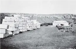  ??  ?? Ready to go . . . Oamaru stone blocks from Teschemake­r’s quarry, at Clarks Mill, Maheno.