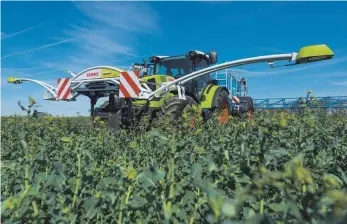  ?? FOTO: CLAAS ?? Precision Farming bei Claas: Mit den beiden vorn angebracht­en Stickstoff­sensoren kann der Landwirt das Pflanzenwa­chstum messen. Die Sensoren senden die Daten an den Düngerstre­uer am Heck und sorgen für die exakte Ausbringun­g der benötigten Düngermeng­e.