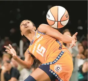  ?? MARY ALTAFFER/AP PHOTOS ?? Sun guard Tiffany Hayes loses control of the ball during the second half of Game 2 of a WNBA semifinal series against the Liberty on Tuesday in New York. The Liberty won 84-77.