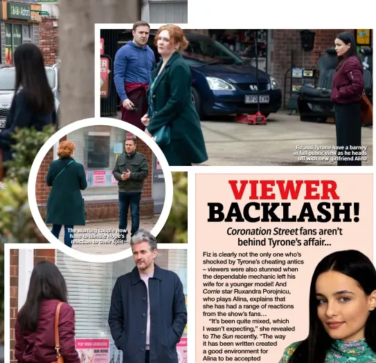  ??  ?? The warring couple now have to handle Hope’s reaction to their split
Fiz and Tyrone have a barney in full public view as he heads off with new girlfriend Alina