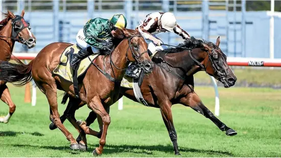  ?? Racing Club as an ?? Levante, right, holds out Roch ‘N’ Horse at the finish of Saturday’s Telegraph race at Trentham.