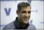  ?? MATT ROURKE — THE ASSOCIATED PRESS ?? Head coach Jay Wright speaks with members of the press during Villanova men’s NCAA college basketball media day at the Finneran Pavilion in Villanova, Pa., Tuesday.