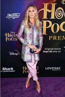  ?? PHOTO BY CHARLES SYKES — INVISION/AP ?? Sarah Jessica Parker in an embellishe­d jacket from Armani Privé’s fall 2022 couture collection at last fall’s premiere of “Hocus Pocus 2.”