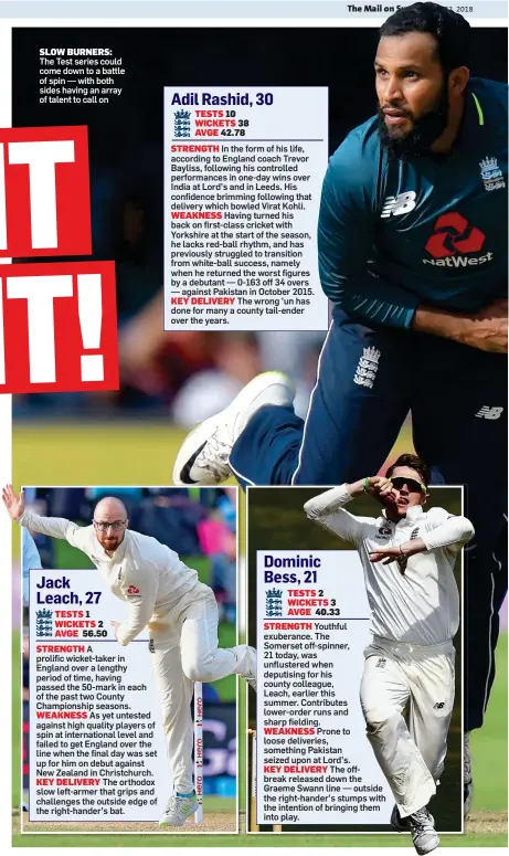  ??  ?? SLOW BURNERS: The Test series could come down to a battle of spin — with both sides having an array of talent to call on