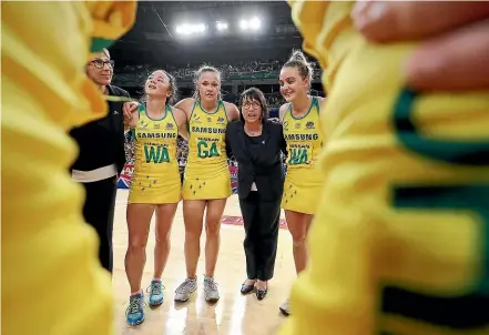  ??  ?? Australia coach Lisa Alexander talks to players in a huddle after their victory in last year’s Constellat­ion Cup match against the Silver Ferns in Sydney.