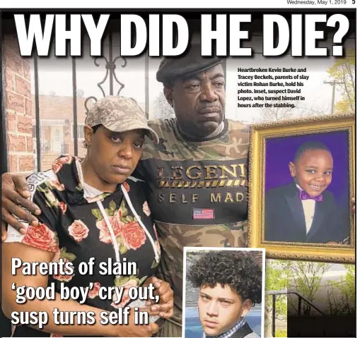  ??  ?? Heartbroke­n Kevin Burke and Tracey Beckels, parents of slay victim Rohan Burke, hold his photo. Inset, suspect David Lopez, who turned himself in hours after the stabbing.