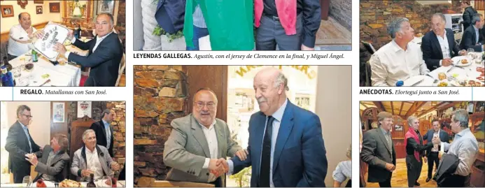  ??  ?? AMIGOS. Ángel, P. García y Santillana.
SINTONÍA. Alfredo Relaño, director de AS, saluda a Vicente del Bosque.
ANÉCDOTAS. Elortegui junto a San José.
RECUERDOS. Miguel Ángel y Paco Pineda.