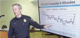  ??  ?? Milwaukee Police Chief Edward Flynn shows a PowerPoint outlining homicide in Milwaukee.